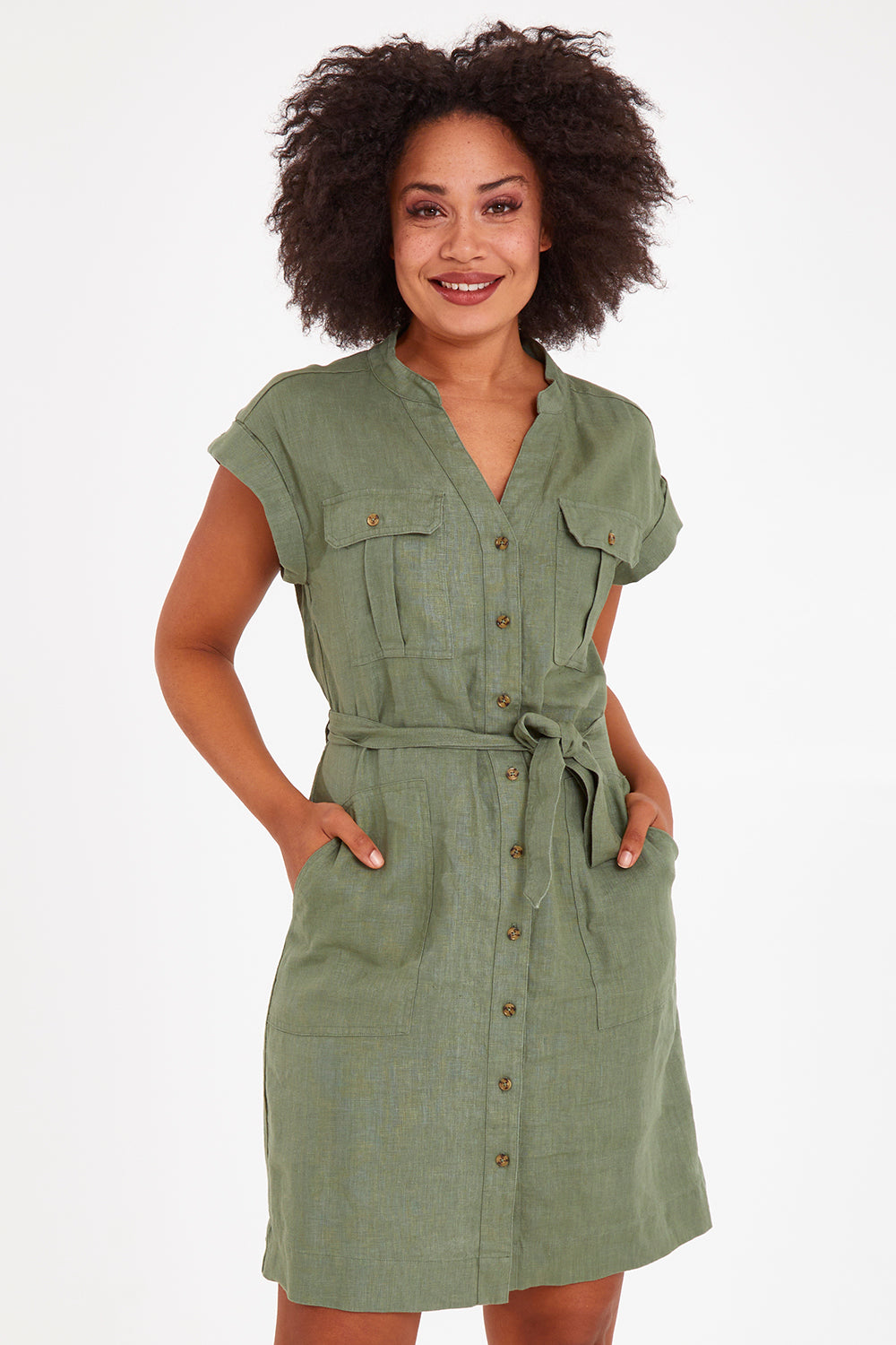 Model Olivia wearing size 10 of the Harlow Dress in colour Khaki (Green), from the front, cropped image