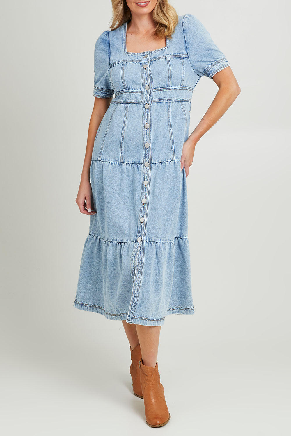 Model Grace wearing size 10 of the Astrid Denim Dress in colour Lightblue (Green), from the front, cropped image