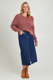 Model Grace wearing size 10 of the Scout Midi Skirt in colour Indidenim (Blue), from the front, showing the whole outfit