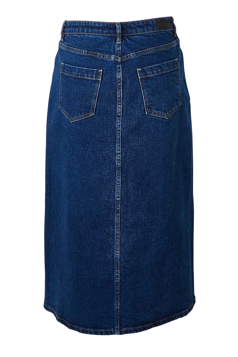 Product shot of the Scout Midi Skirt in colour Indidenim (Blue), from the back