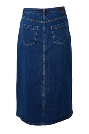 Product shot of the Scout Midi Skirt in colour Indidenim (Blue), from the back