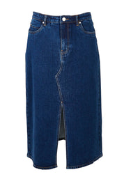 Product shot of the Scout Midi Skirt in colour Indidenim (Blue), from the front