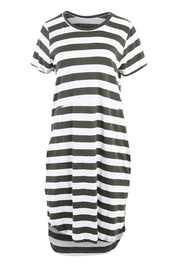 Product shot of the Elements Bayley Dress in colour Khakstripe (White), from the front