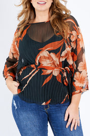 Model Fiona wearing size 16 of The Red Vineyard Top in colour Floral (Black), from the front, cropped image