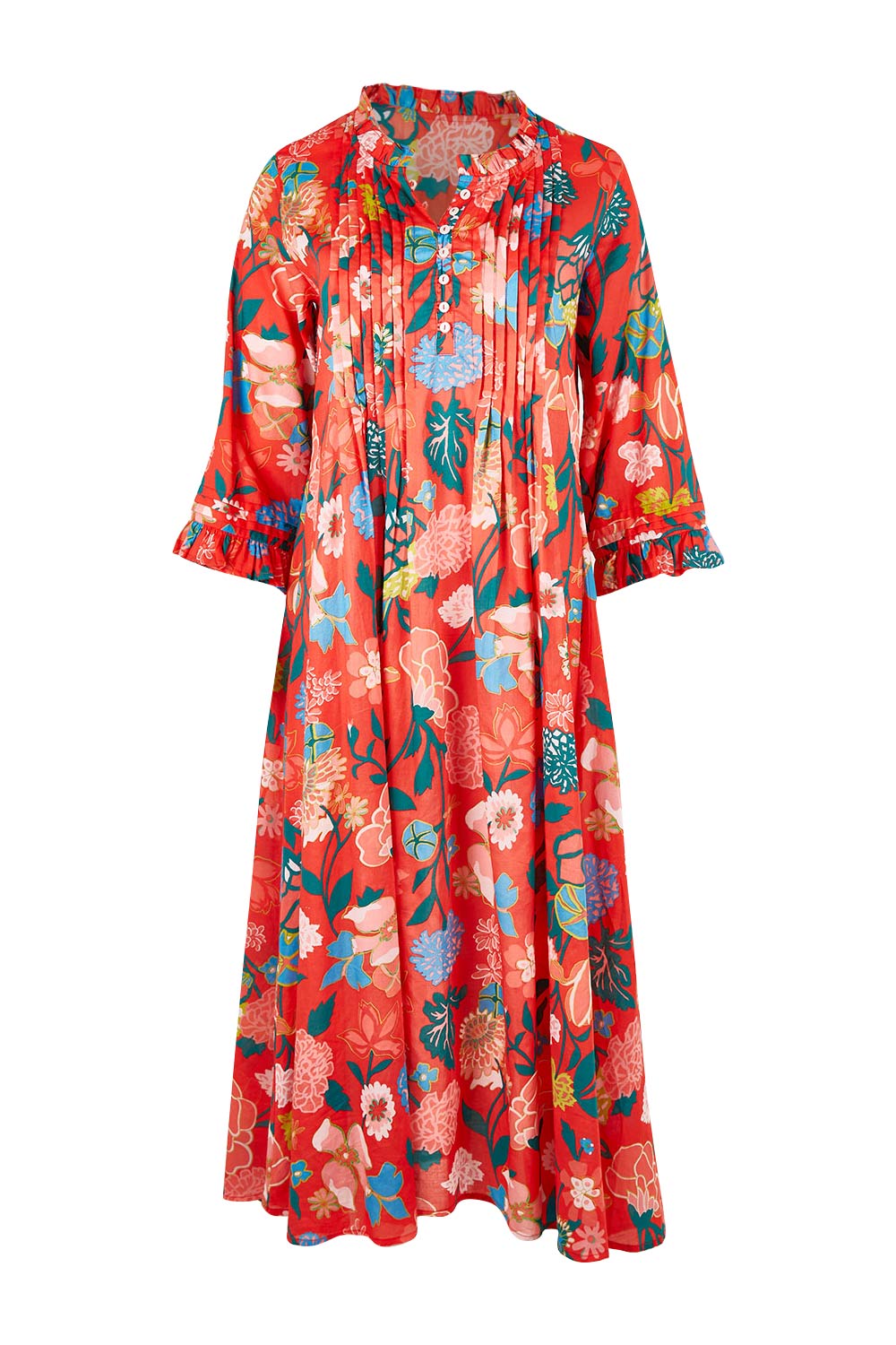 Product shot of the Floral Tuck Front Dress in colour Red (Red), from the front