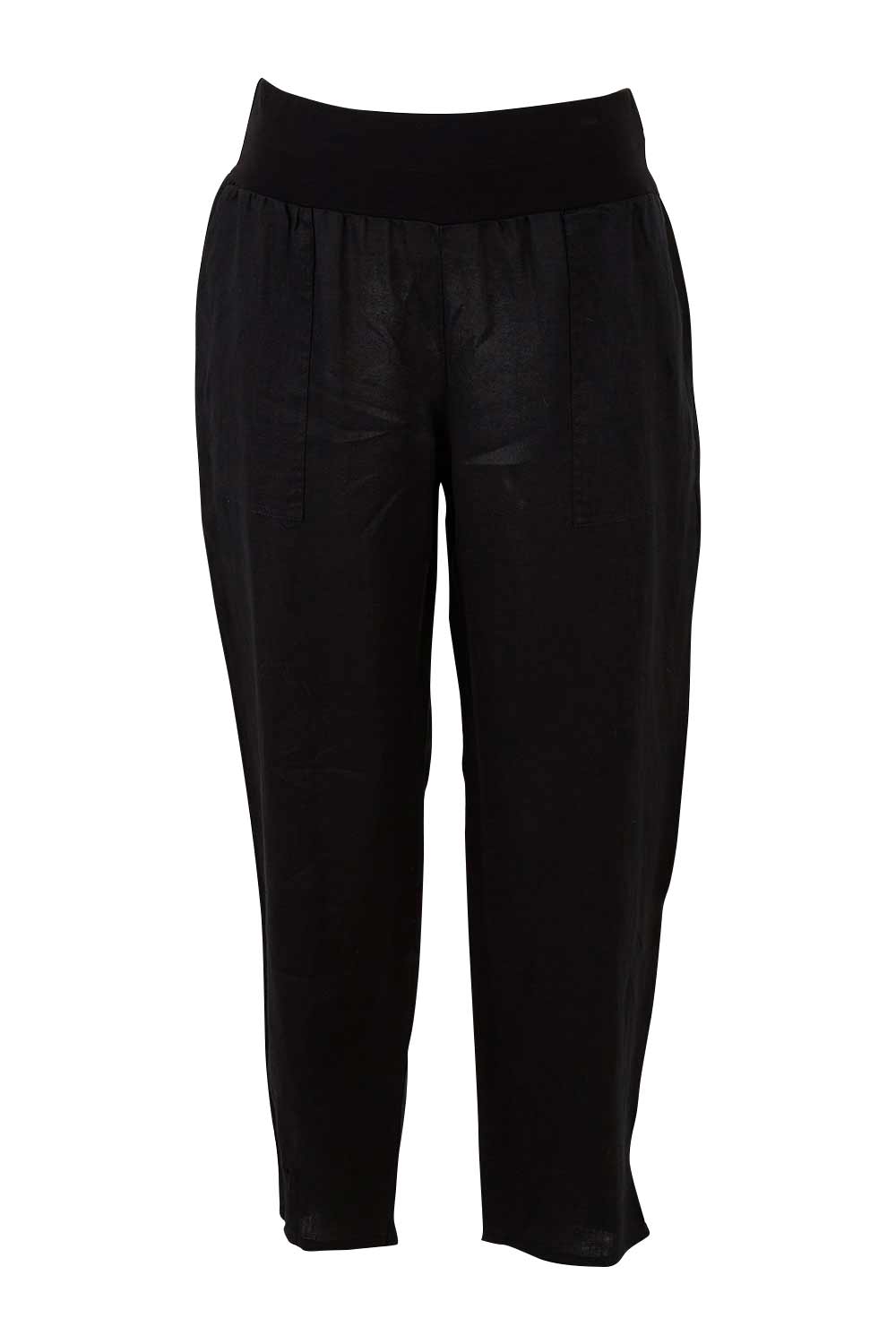 Product shot of the Pull On Linen Pant in colour Black (Black), from the front