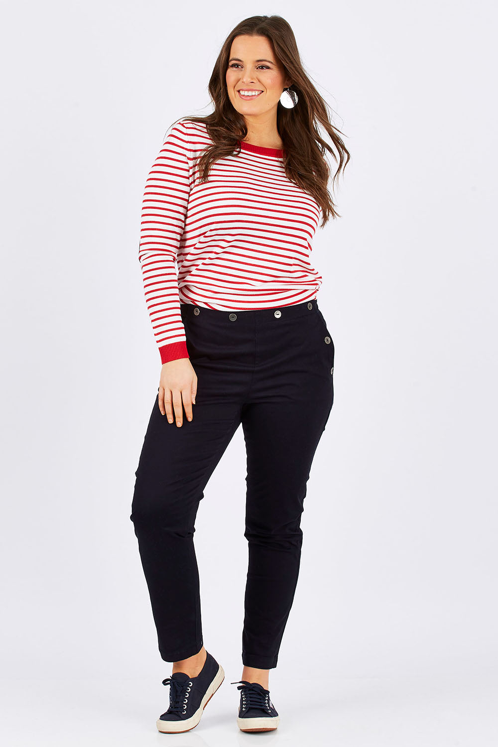 Model Tia wearing size 14 of the Sailor Pants in colour Sailor (Black), from the front, showing the whole outfit