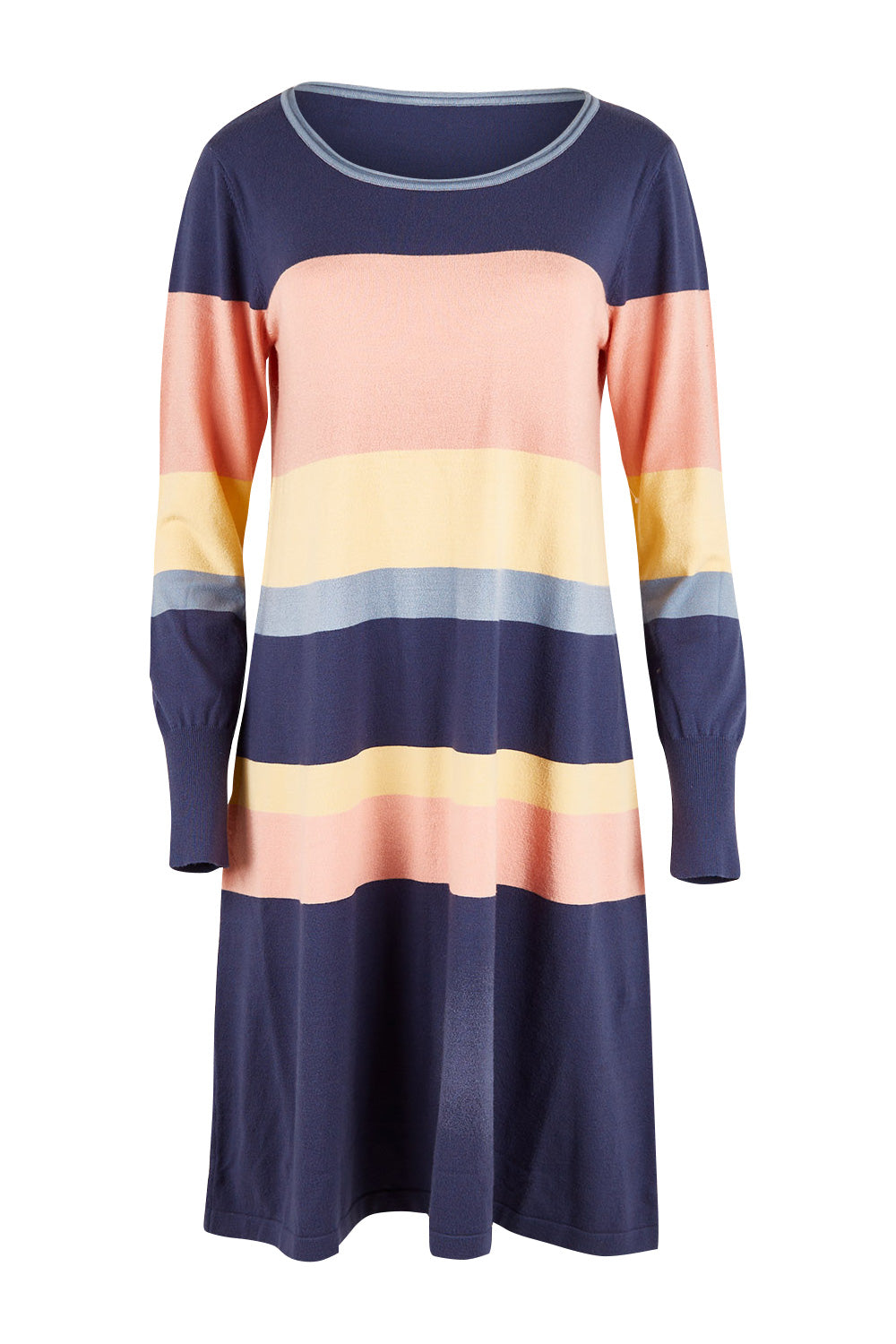 Product shot of the Knit Stripe Dress in colour Wintersky (Blue), from the front
