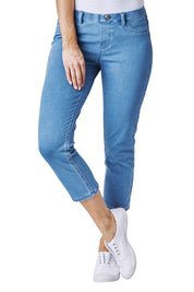 A model wearing the Denim Jegging in colour LightDenim (Blue), from the front, cropped image