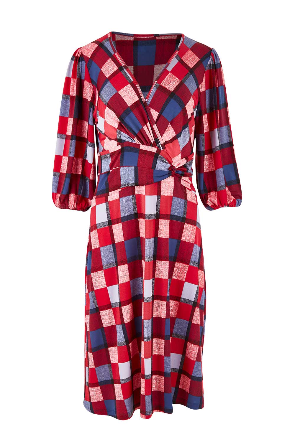Product shot of the Gathered Waist Faux Wrap Dress in colour Checkered (Red), from the front