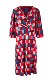 Product shot of the Gathered Waist Faux Wrap Dress in colour Checkered (Red), from the front