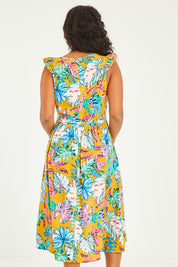 Model Noli wearing size 14 of the V Neck Gathered Sleeve Dress in colour Garden, from the back