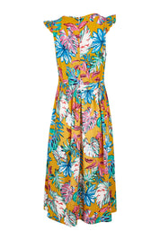 Product shot of the V Neck Gathered Sleeve Dress in colour Garden, from the back