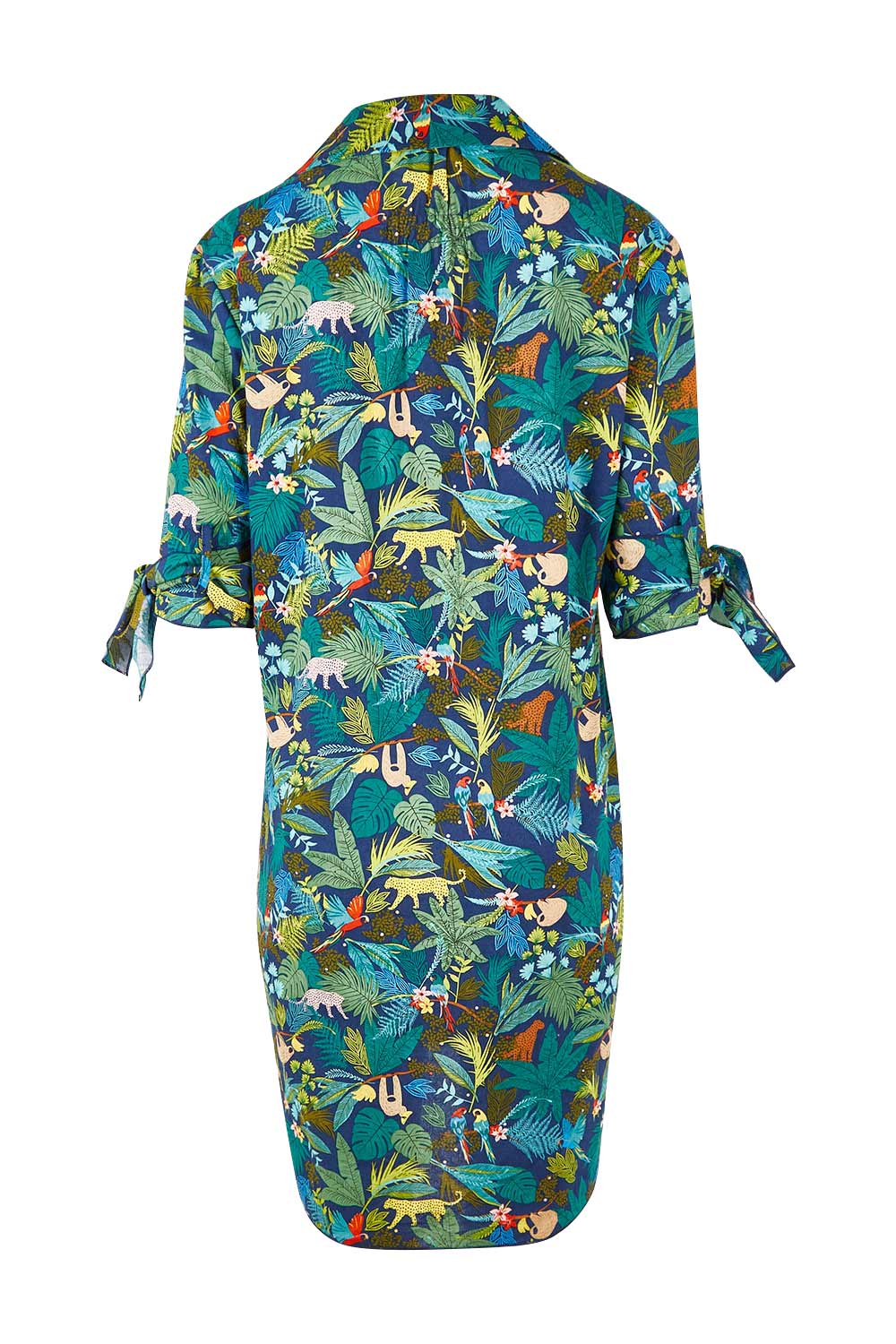 Product shot of the Printed Tunic in colour Jungle (Blue), from the back