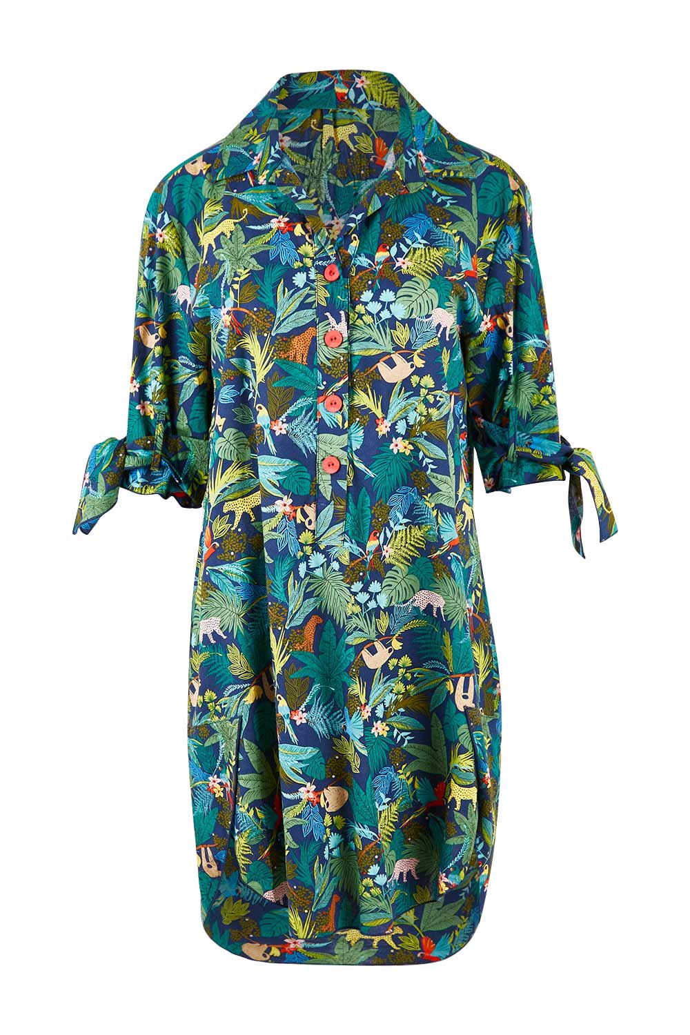 Product shot of the Printed Tunic in colour Jungle (Blue), from the front
