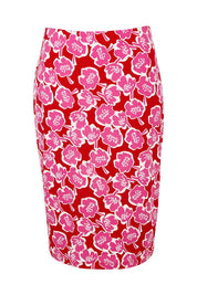 Product shot of the Printed Tube Skirt in colour Roses (Red), from the front
