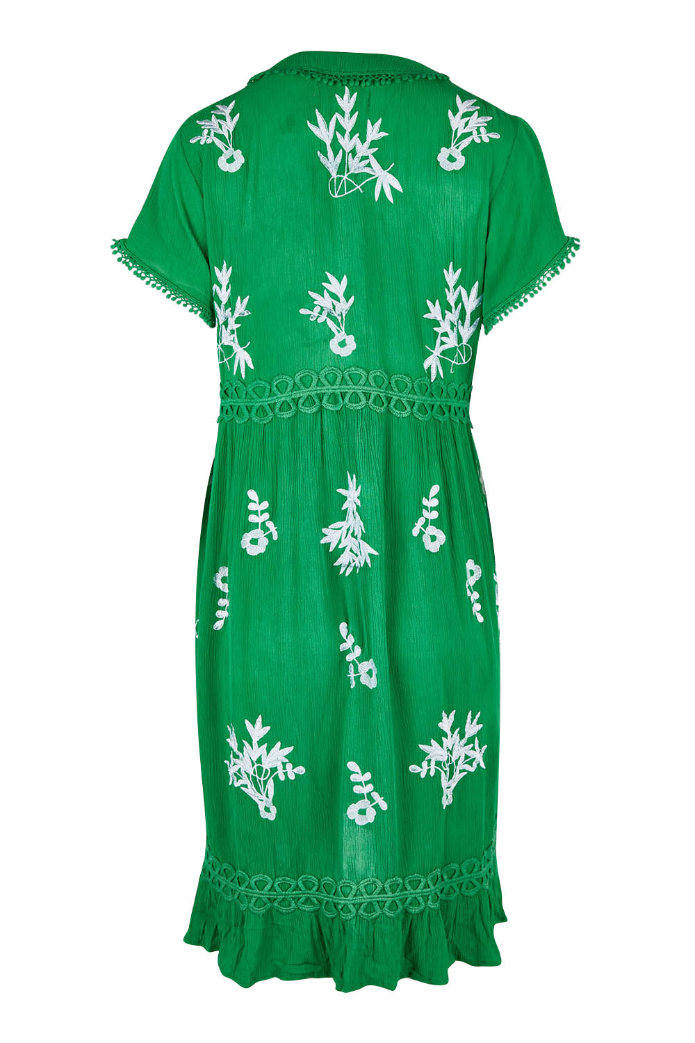 Product shot of the Embroidered Lace Detail Dress in colour Greenwhite (Green), from the back