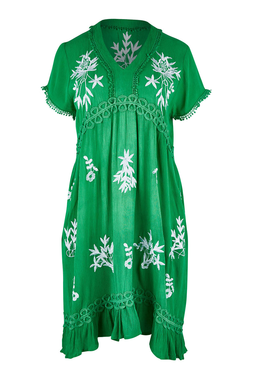Product shot of the Embroidered Lace Detail Dress in colour Greenwhite (Green), from the front