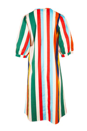 Product shot of the V Neck Flounce Sleeve Dress in colour Striped (Blue), from the back