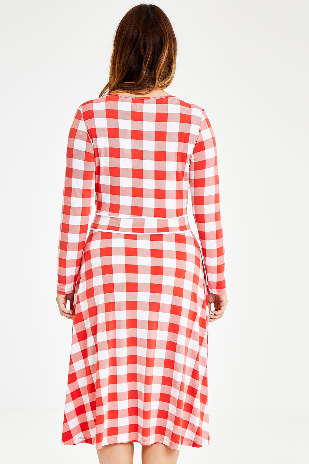 Model Laura wearing size 14 of the Printed Faux Wrap Dress in colour Redcheck (Red), from the back