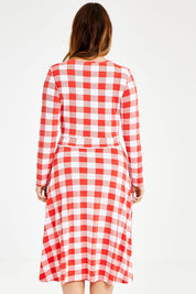 Model Laura wearing size 14 of the Printed Faux Wrap Dress in colour Redcheck (Red), from the back