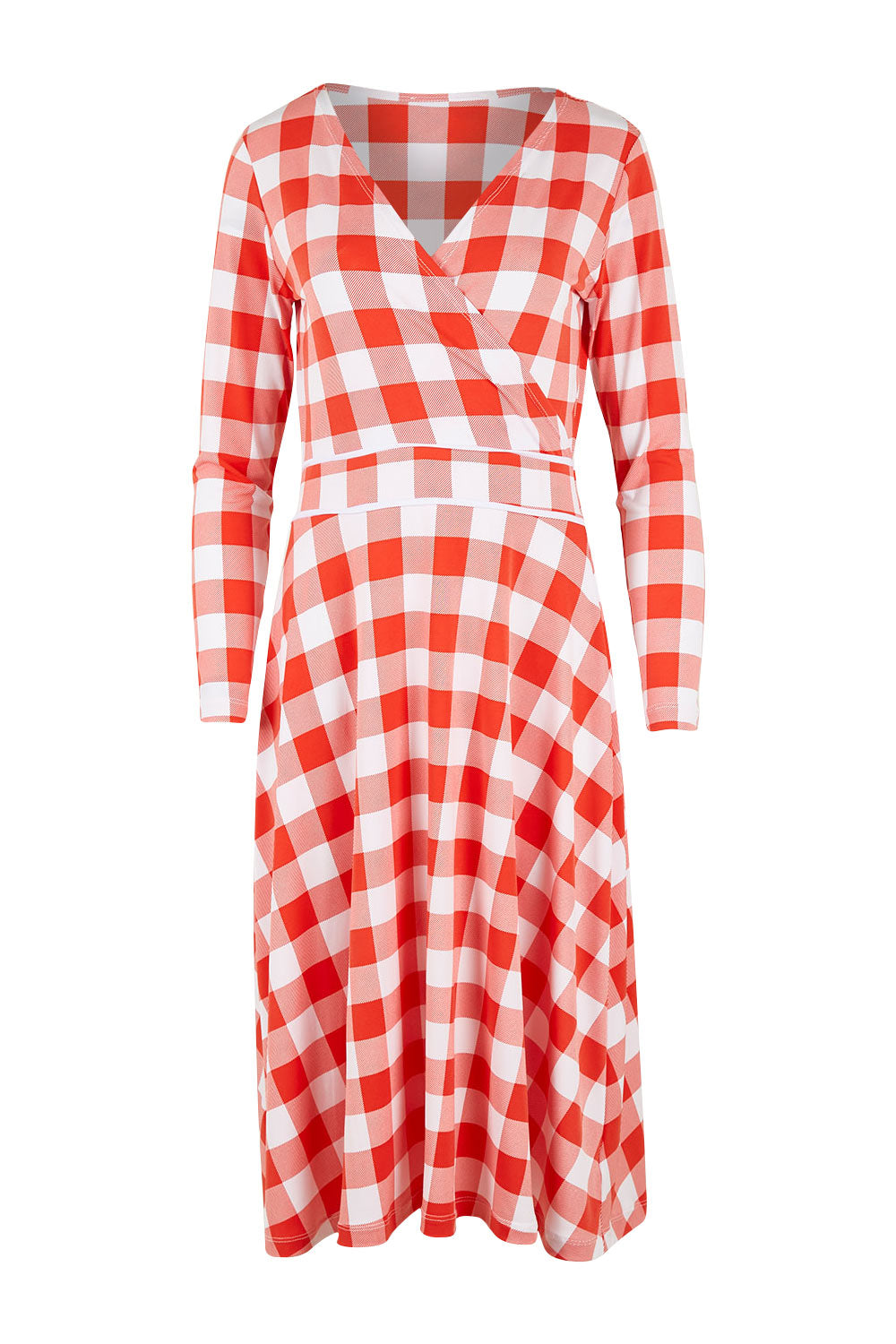 Product shot of the Printed Faux Wrap Dress in colour Redcheck (Red), from the front