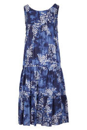 Product shot of the Mirimar Dress in colour Lantana (Blue), from the back