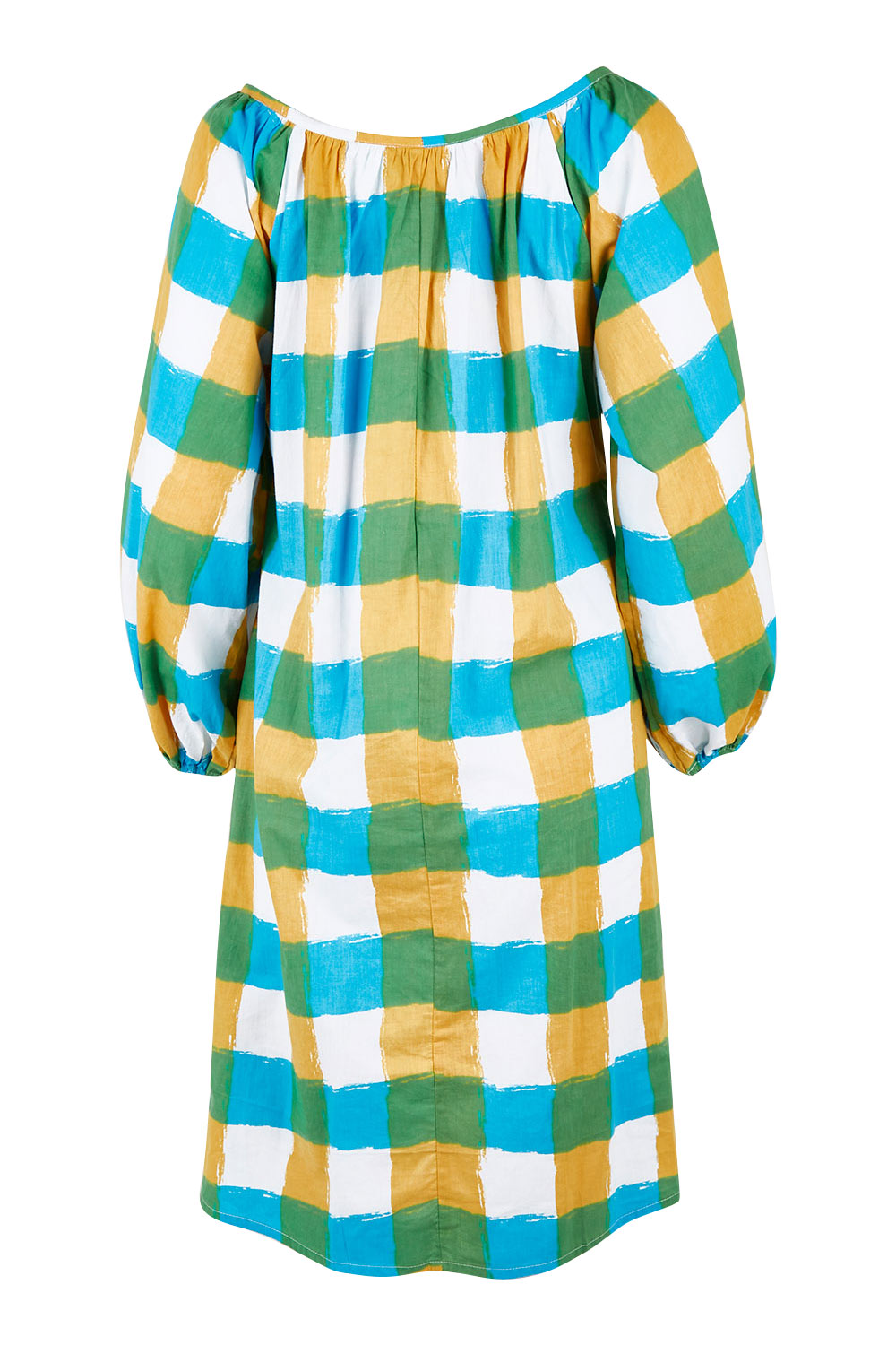 Product shot of the Bloom Dress in colour Checkocean (Blue), from the back