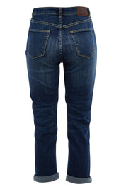 Product shot of the Chloe High Rise Rolled Crop in colour DarkWash (Blue), from the back