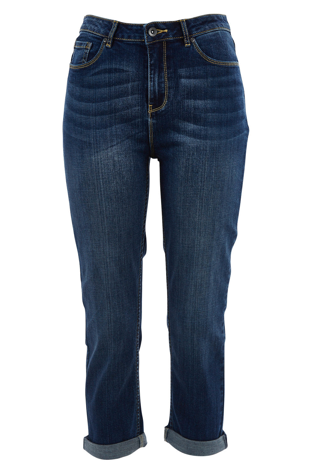 Product shot of the Chloe High Rise Rolled Crop in colour DarkWash (Blue), from the front
