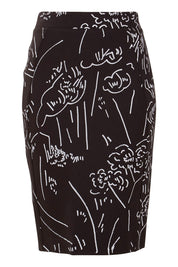Product shot of the Print Ponti Pencil Skirt in colour Sketch (Black), from the front
