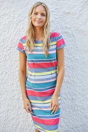 A model wearing the Sandy Bay Dress in colour Stpgreycor (Pink), from the front, showing the whole outfit
