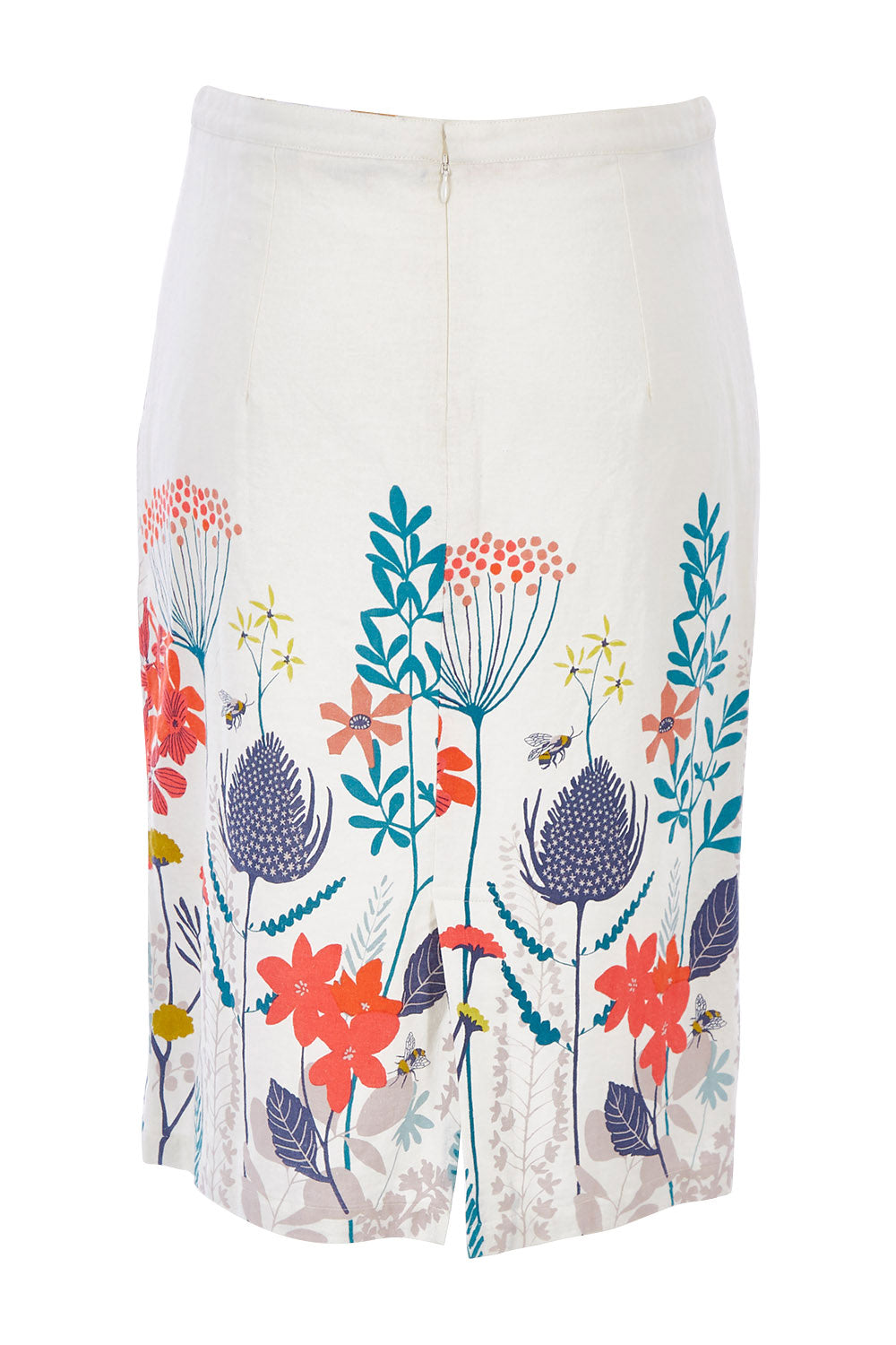 Product shot of the Border Print Fitted Skirt in colour Floralmead (White), from the back