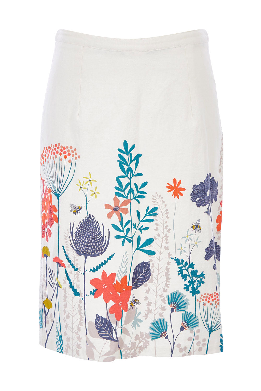 Product shot of the Border Print Fitted Skirt in colour Floralmead (White), from the front