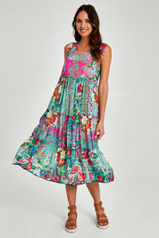 Model Madeline wearing size S of the Finch Sleeveless Midi in colour Multi (Blue), from the front, showing the whole outfit