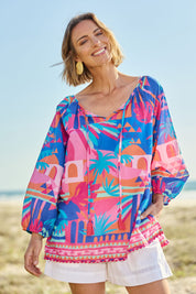 Model Riina wearing size S of the Rowanna Cotton Top in colour Blue (Blue), from the front, showing the whole outfit