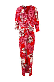 Product shot of The Printed Nadine Dress in colour Hibiscus (Red), from the front