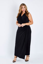 Model Fiona wearing size 16 of the Elisha Dress in colour Black (Black), from the front, showing the whole outfit