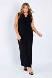 Model Fiona wearing size 16 of the Elisha Dress in colour Black (Black), from the front, showing the whole outfit