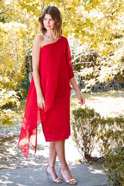 Model Annika wearing size 10 of the Rochelle in colour red (Red), from the front, showing the whole outfit