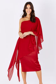 Model Georgia wearing size 8 of the Rochelle in colour red (Red), from the front, cropped image