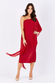 Model Georgia wearing size 8 of the Rochelle in colour red (Red), from the front, showing the whole outfit