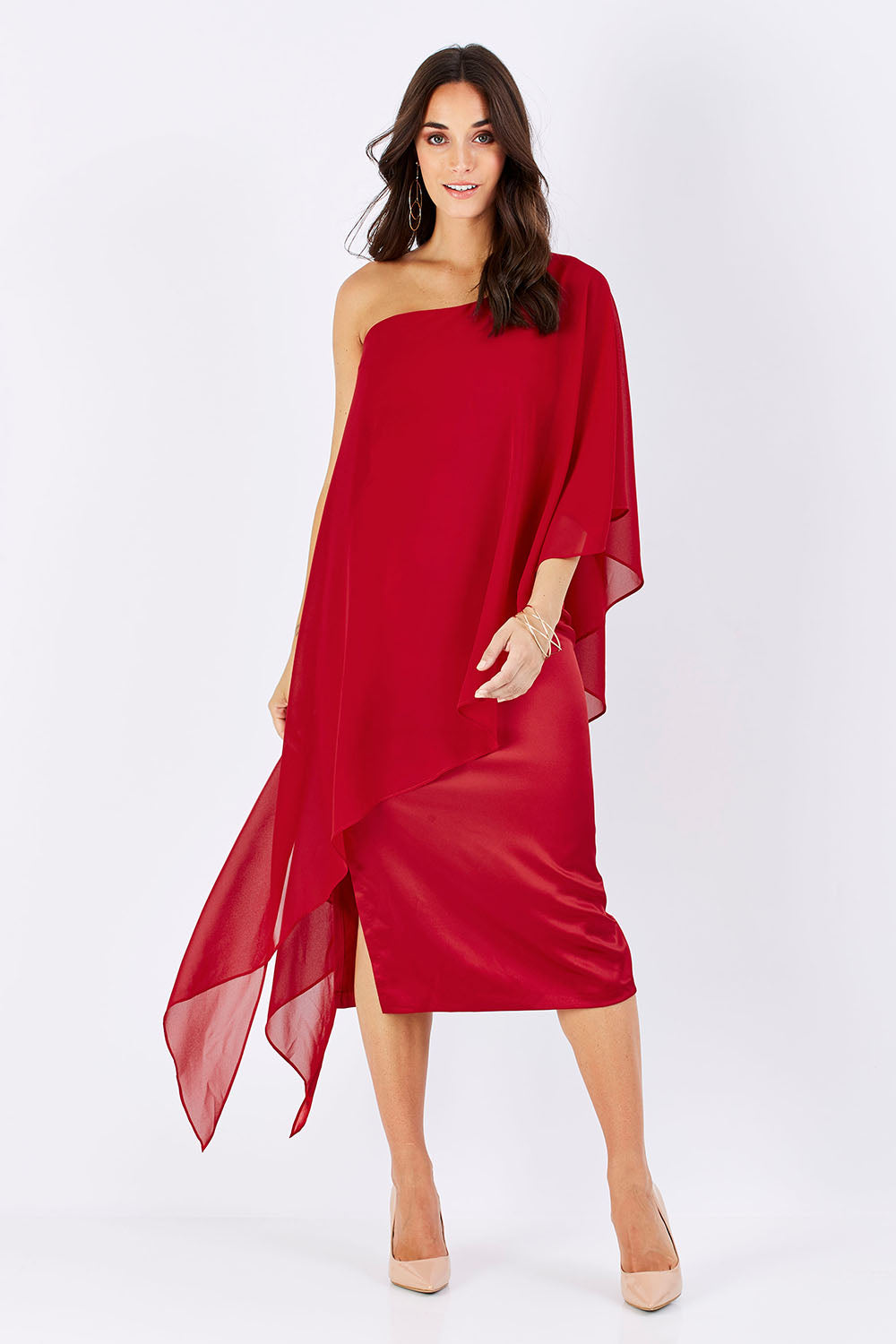 Model Georgia wearing size 8 of the Rochelle in colour red (Red), from the front, showing the whole outfit