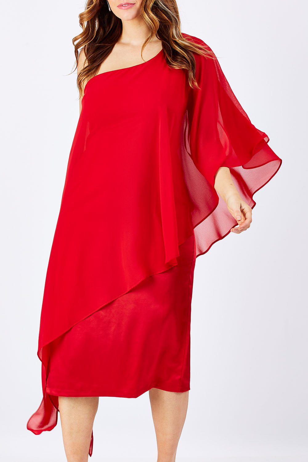 Model Laura wearing size 12 of the Rochelle in colour red (Red), from the front, cropped image