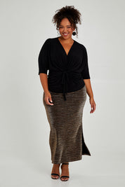 Model Alexis wearing size 16 of the Niamh Top in colour Black (Black), from the front, showing the whole outfit