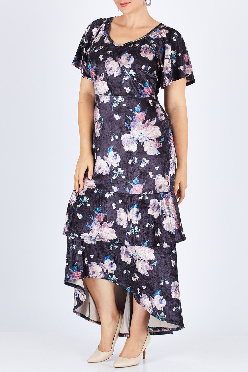 Model Stefania wearing size 14 of the Rebecca Dress in colour WinterRose (Black), from the front, cropped image