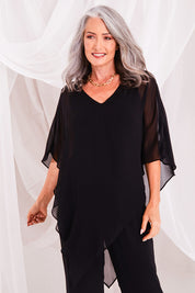 Model Luisa wearing size 10 of the Marie Top in colour Black (Black), from the front, showing the whole outfit