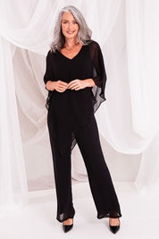 Model Luisa wearing size 10 of the Marie Top in colour Black (Black), from the front, showing the whole outfit
