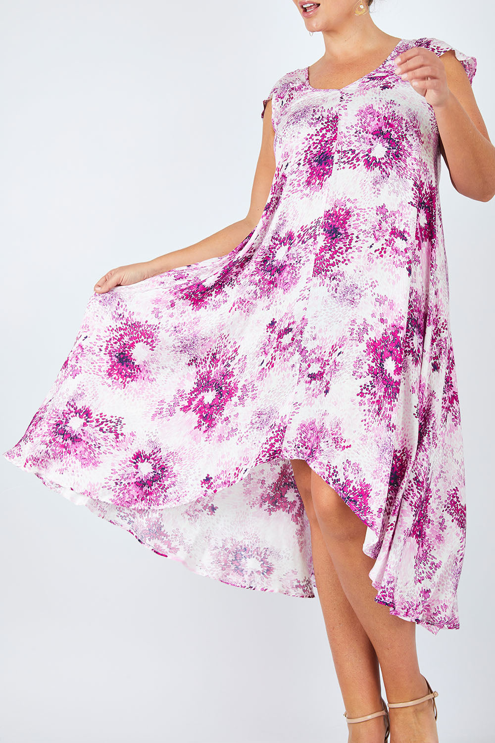 Model Fiona wearing size 16 of the Prue Dress in colour Jacaranda (Pink), from the front, cropped image