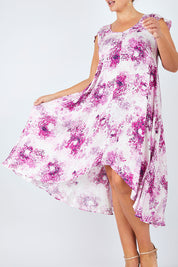 Model Fiona wearing size 16 of the Prue Dress in colour Jacaranda (Pink), from the front, cropped image
